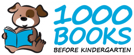 1000 Books Before Kindergarten with cartoon puppy reading blue book.