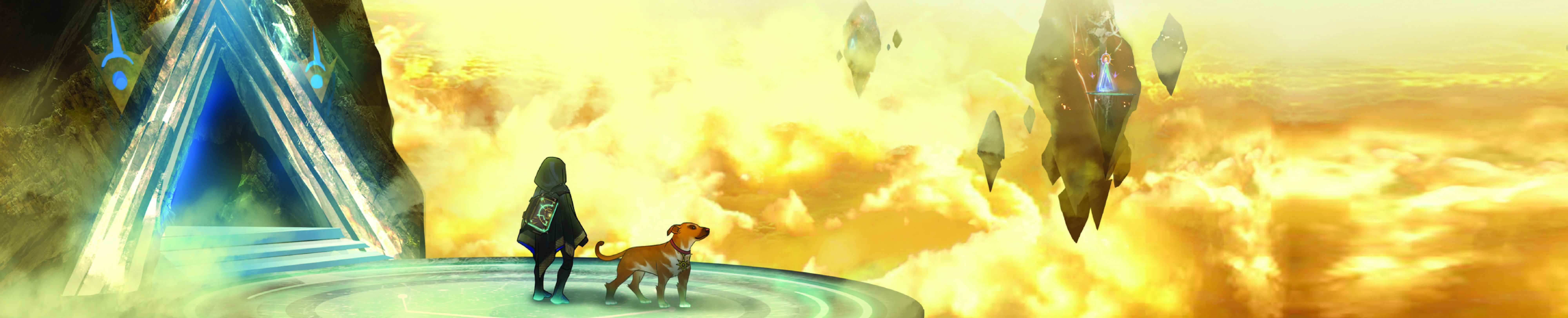 human and dog in the clouds on a planet