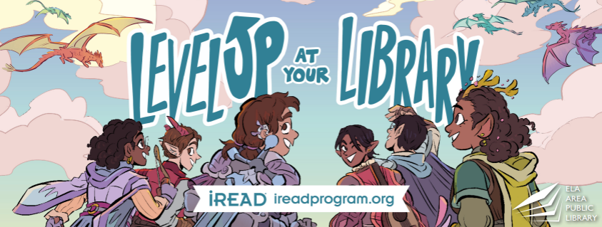 Level Up at your Library banner featuring a team of teens in fantasy outfits looking at dragons flying in the clouds.
