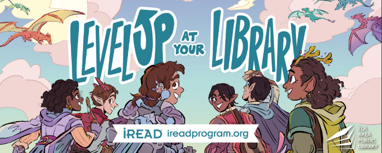 Level Up at your Library banner featuring a team of teens in fantasy outfits looking at dragons flying in the clouds.