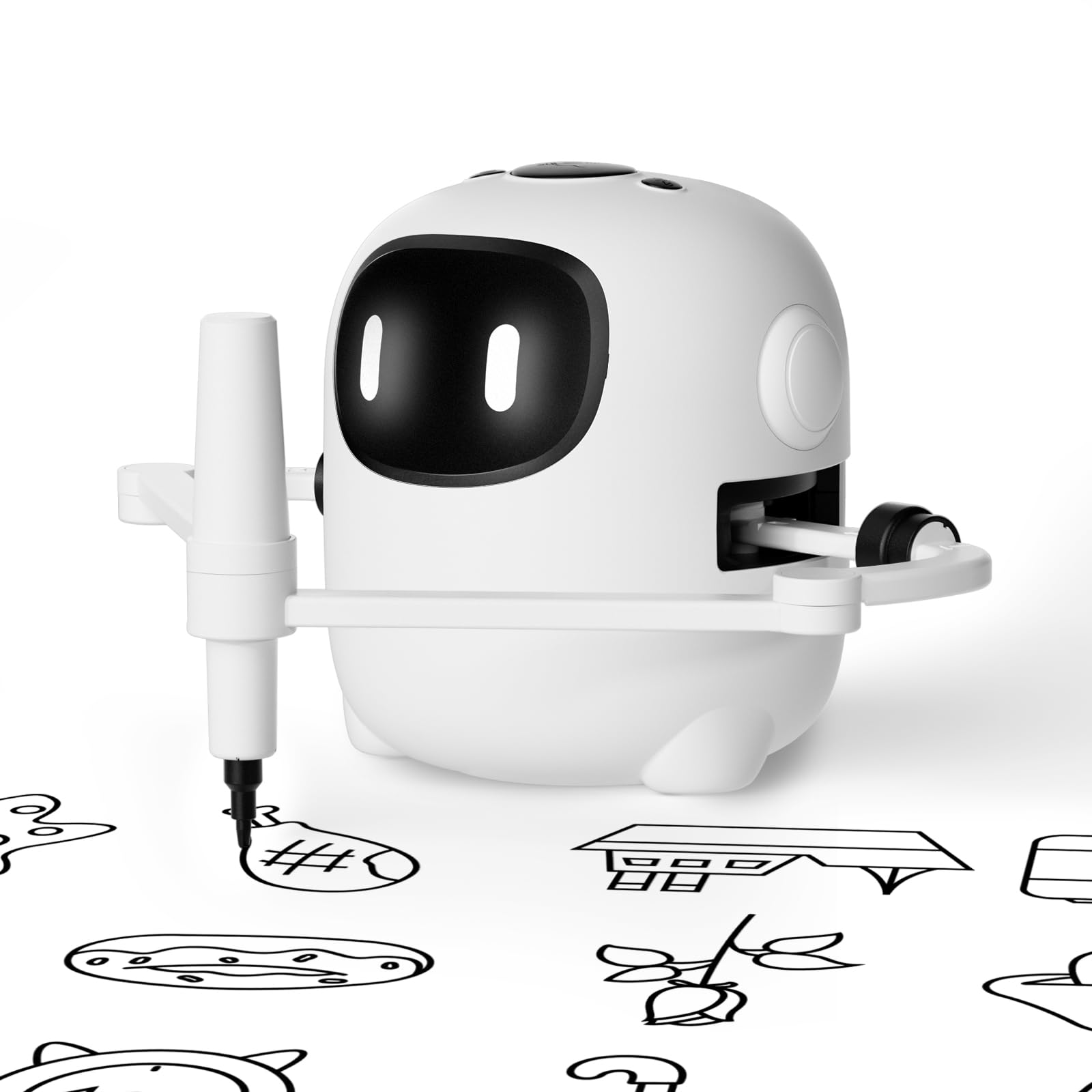 A small white robot with a pen arm draws simple doodles on paper.
