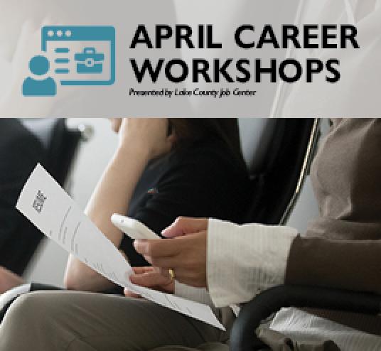 Image reads April Career Workshops with a photo of a woman holding a resume