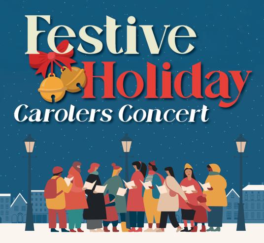 Reads Festive Holiday Carolers with image of people singing