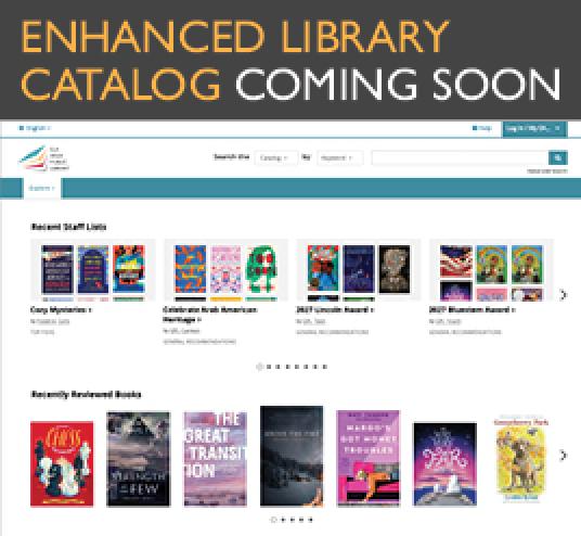 Image of book covers with text that reads Enhanced Library Catalog Coming Soon